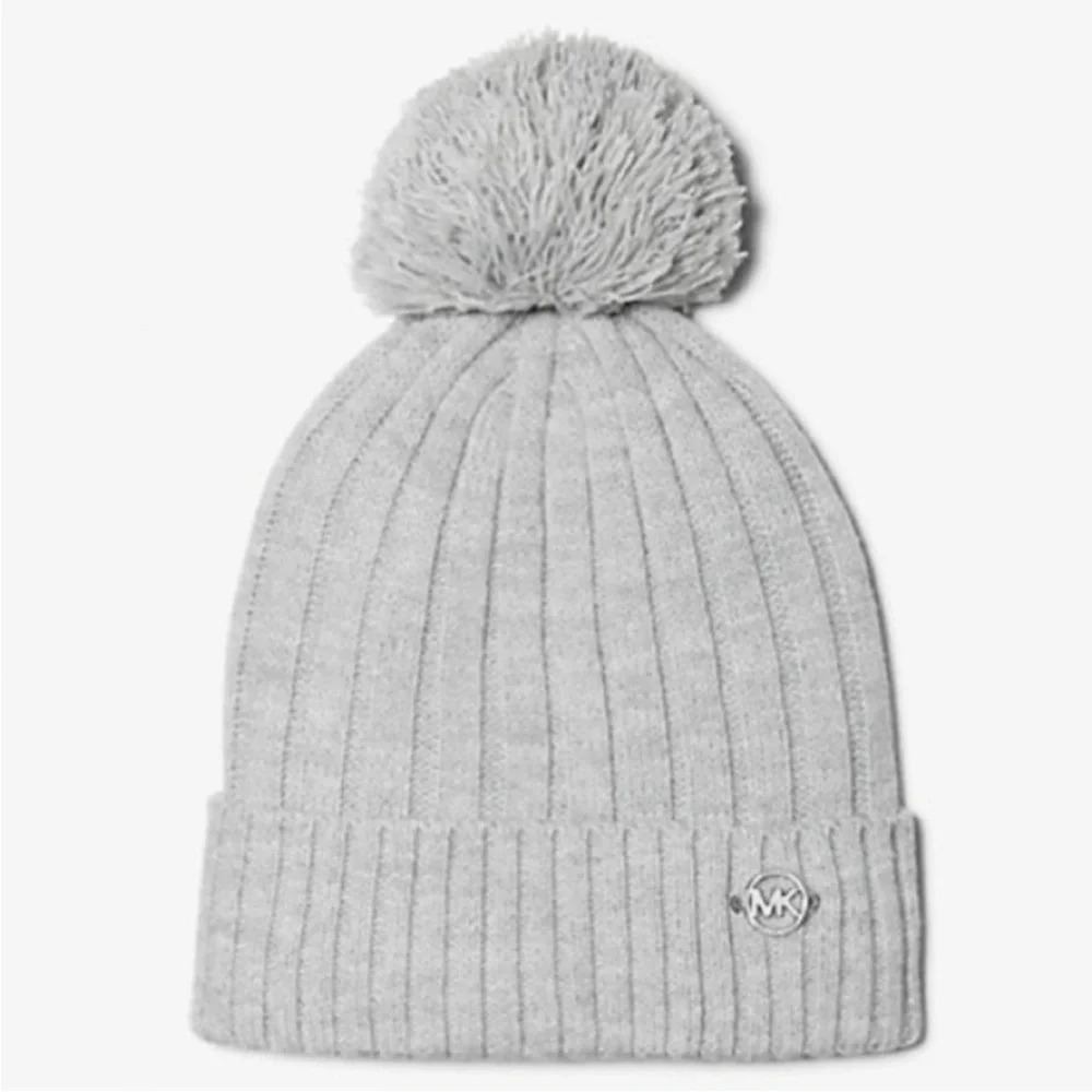 MICHAEL KORS | Pom-Pom Knit Beanie Cap Grey with Silver Logo